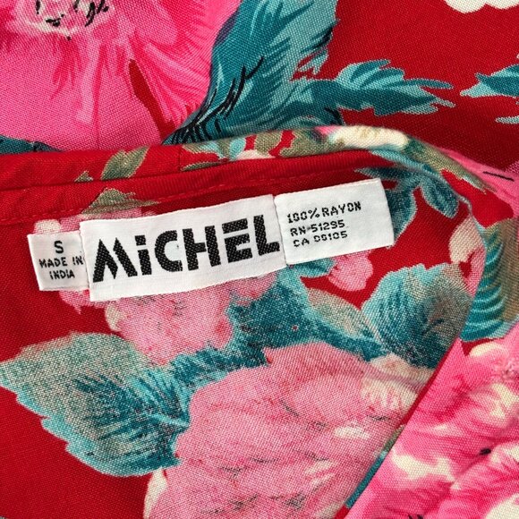 Vintage 90s Floral Blouse Women's Medium Red Pink Print Rayon Necktie Top - Picture 6 of 11